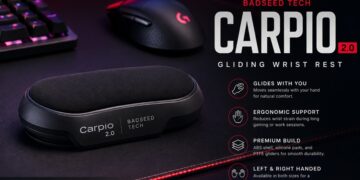 Badseed Tech Carpio 2.0 gliding ergonomic wrist rest on a gaming desk