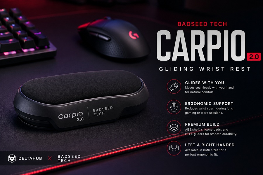 Badseed Tech Carpio 2.0 gliding ergonomic wrist rest on a gaming desk