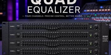 Quad equalizer with four-channel graphic EQ controls for professional audio mixing.
