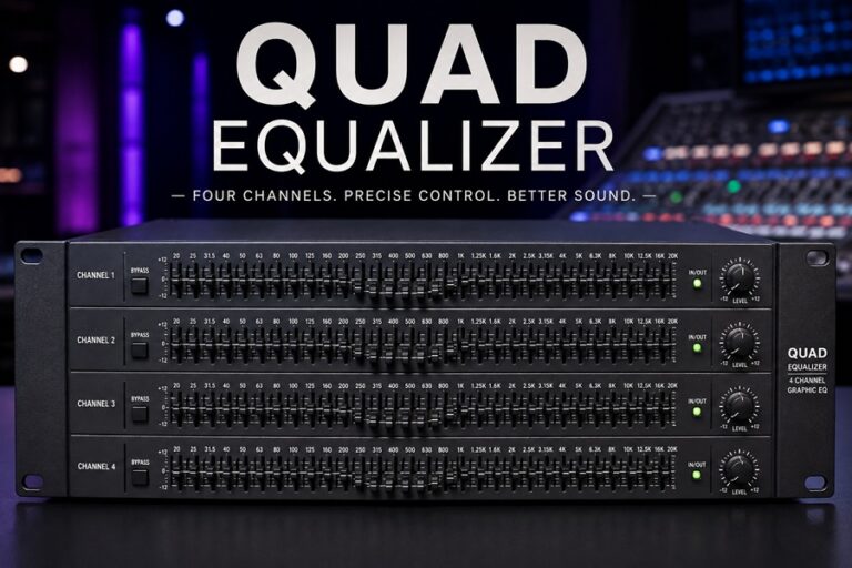 Quad equalizer with four-channel graphic EQ controls for professional audio mixing.