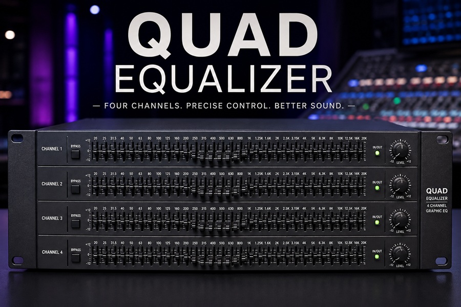 Quad equalizer with four-channel graphic EQ controls for professional audio mixing.