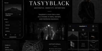 Tasyyblack dark minimalist aesthetic moodboard featuring black-and-white photography, a dark-mode interface, fashion imagery, and social media design.