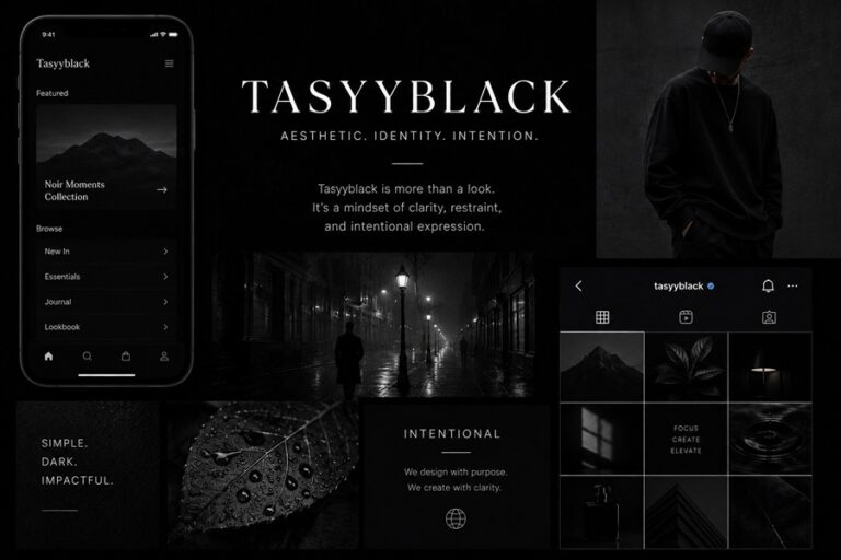 Tasyyblack dark minimalist aesthetic moodboard featuring black-and-white photography, a dark-mode interface, fashion imagery, and social media design.