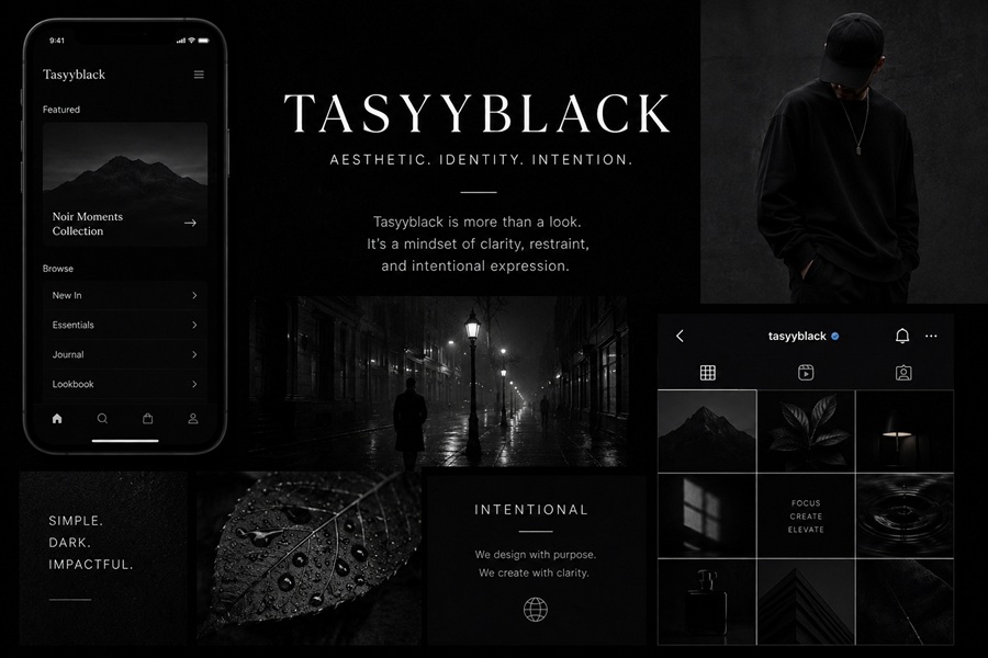 Tasyyblack dark minimalist aesthetic moodboard featuring black-and-white photography, a dark-mode interface, fashion imagery, and social media design.